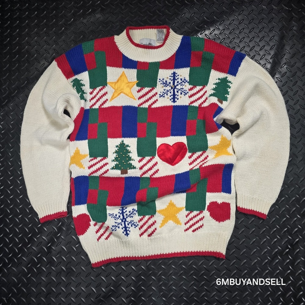 Capistrano Vintage Christmas Sweater Womens 14 Patchwork Tree Star Heart Knit - Picture 6 of 10